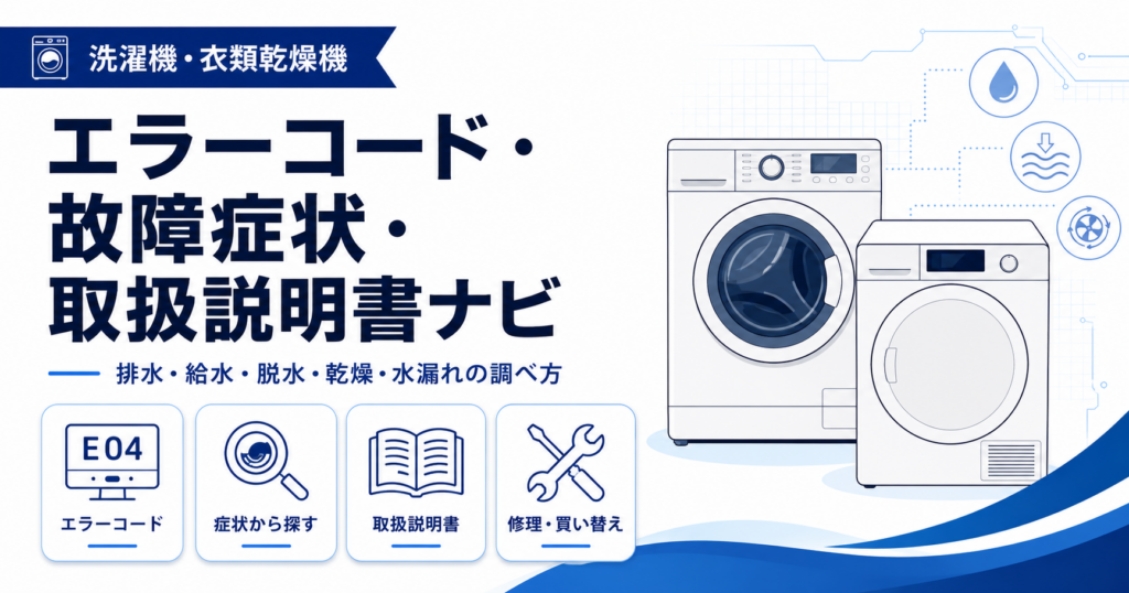 洗濯機・衣類乾燥機のエラーコード、故障症状、取扱説明書、修理・買い替え情報を案内する図解