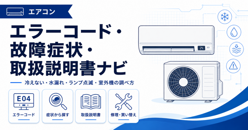 エアコンのエラーコード、冷えない・水漏れ・ランプ点滅などの故障症状、取扱説明書を案内する図解