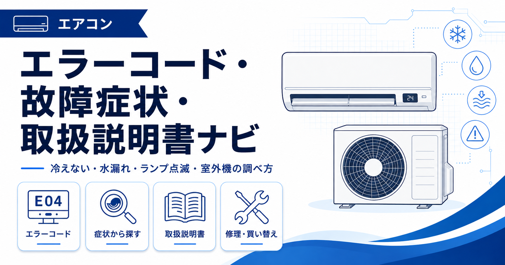 エアコンのエラーコード、冷えない・水漏れ・ランプ点滅などの故障症状、取扱説明書を案内する図解