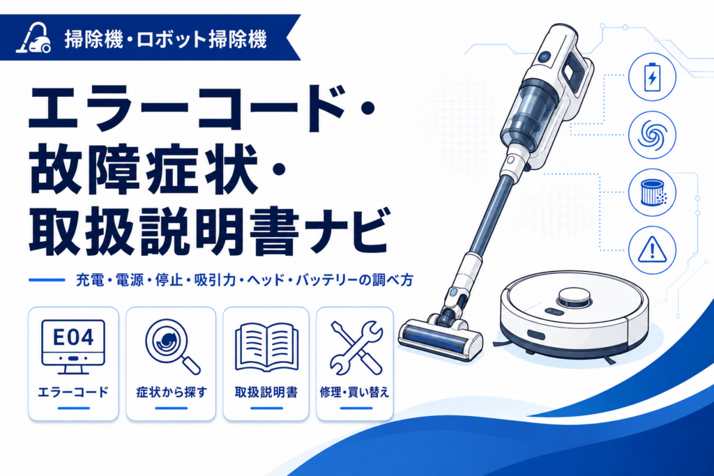 掃除機・ロボット掃除機のエラーコード、充電・停止・吸引力・ヘッド・バッテリーのトラブルを案内する図解