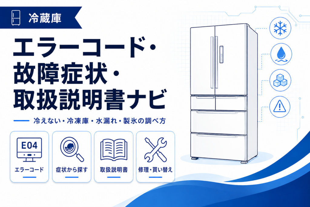 冷蔵庫のエラーコード、冷えない・水漏れ・製氷などの故障症状、取扱説明書を案内する図解