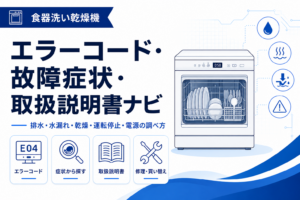 食器洗い乾燥機のエラーコード、排水・水漏れ・乾燥・運転停止・電源トラブルを案内する図解