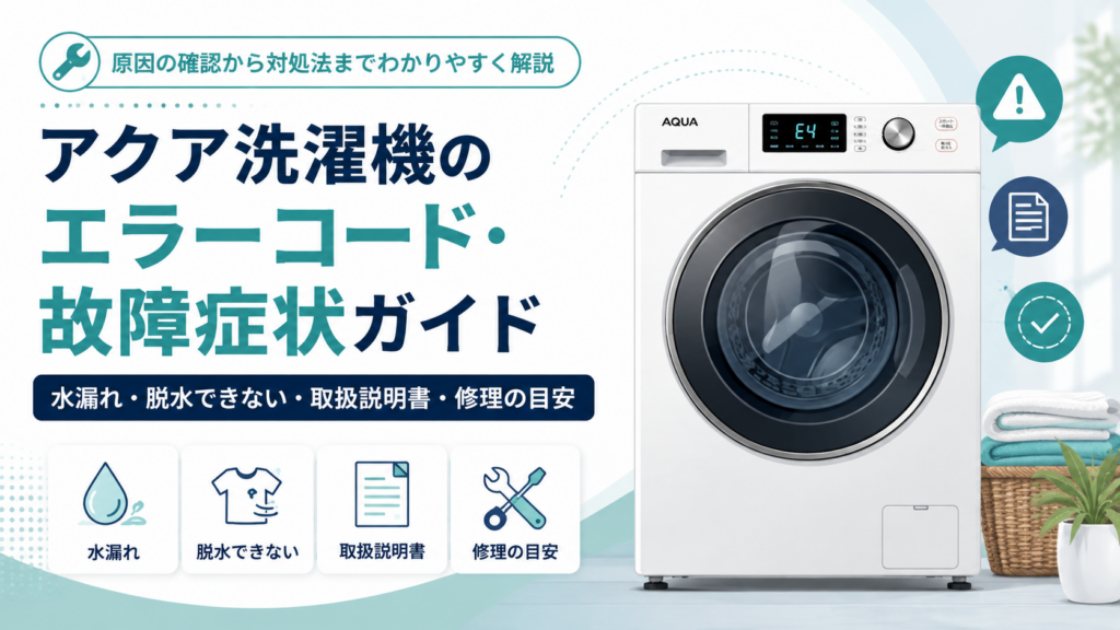 AQUA洗濯機のエラーコード、水漏れ、脱水できない症状、取扱説明書、修理の目安を案内する図解