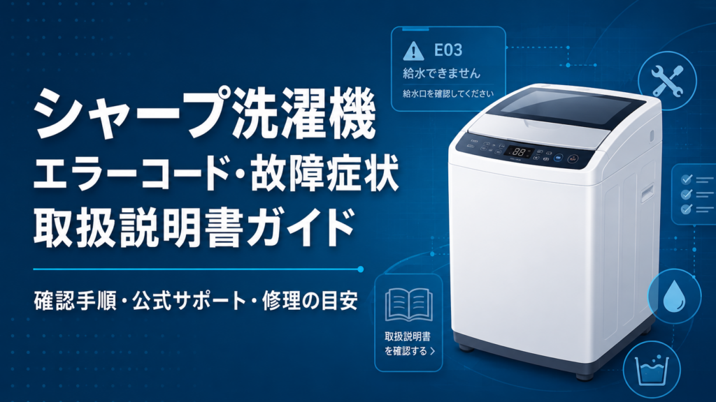 `シャープ洗濯機のエラーコード、故障症状、取扱説明書、公式サポート、修理の目安を案内する図解`