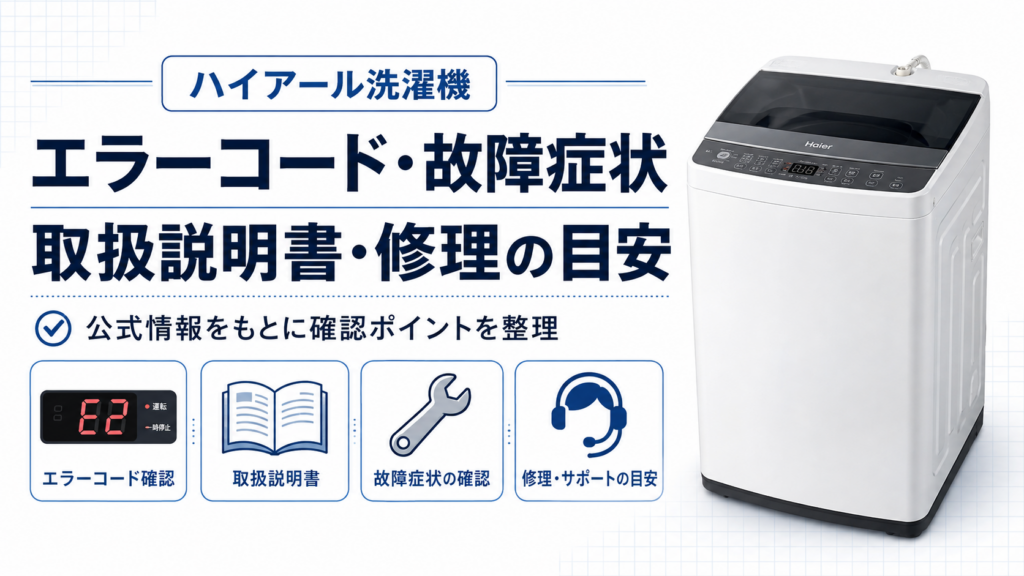 `ハイアール洗濯機のエラーコード、故障症状、取扱説明書、修理の目安を案内する図解`