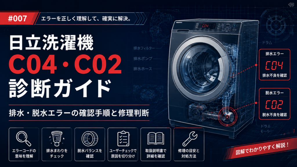 日立洗濯機のエラーコードC04・C02、排水・脱水トラブル、取扱説明書、修理判断を案内する図解
