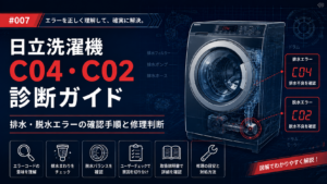 日立洗濯機のエラーコードC04・C02、排水・脱水トラブル、取扱説明書、修理判断を案内する図解