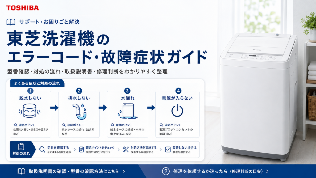 `東芝洗濯機のエラーコード、脱水・排水・水漏れ・電源不良の確認手順、取扱説明書、修理判断を案内する図解`