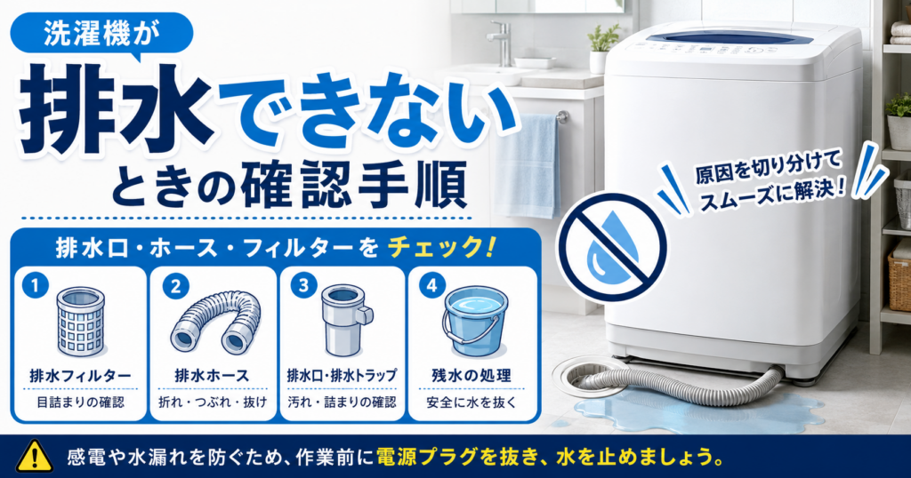 洗濯機が排水できないときに、排水フィルター・排水ホース・排水口・残水処理の確認手順を案内する図解