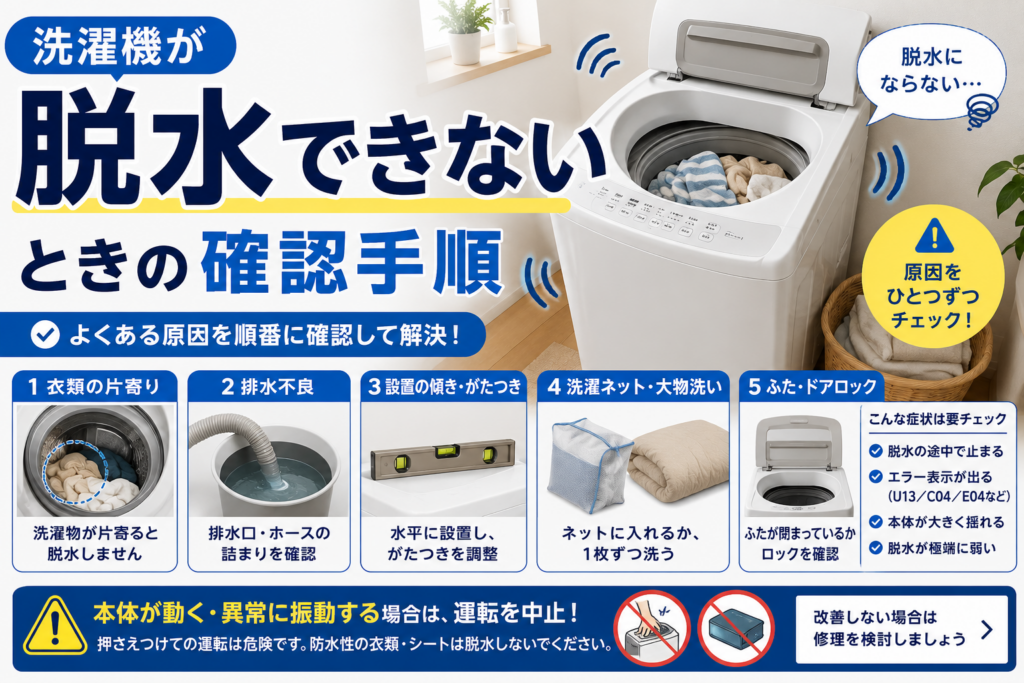 洗濯機が脱水できないときに、衣類の片寄り・排水不良・設置の傾き・洗濯ネットや大物洗い・ふたやドアロックの確認手順を案内する図解