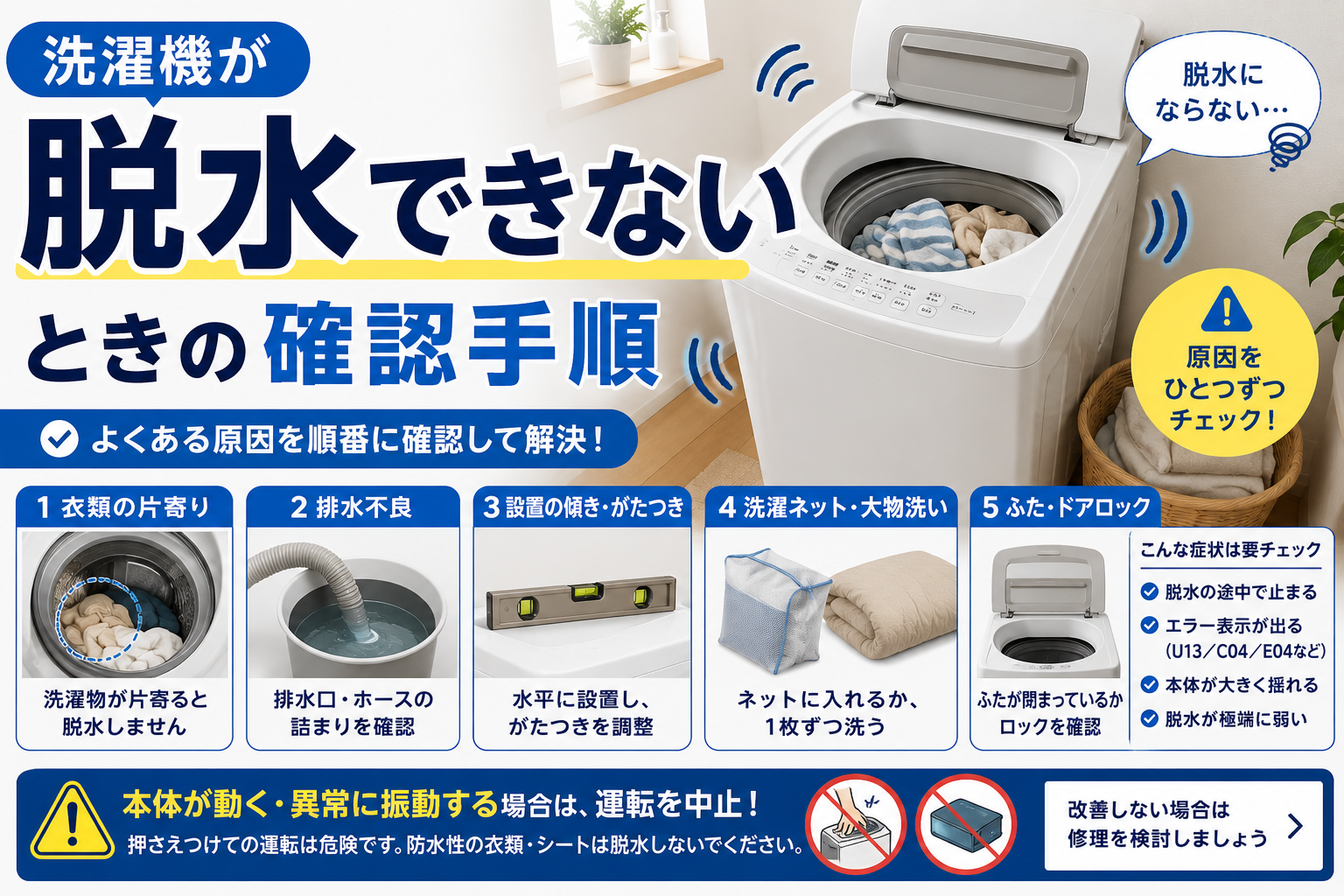 洗濯機が脱水できないときに、衣類の片寄り・排水不良・設置の傾き・洗濯ネットや大物洗い・ふたやドアロックの確認手順を案内する図解