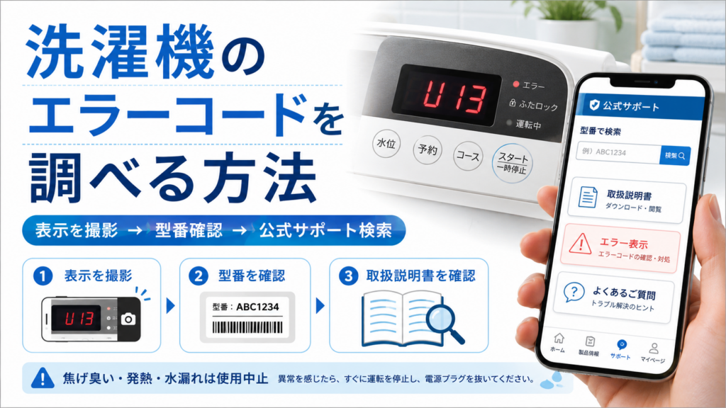 洗濯機のエラーコードを調べるために、表示の撮影・型番確認・公式サポート検索・取扱説明書の確認手順を案内する図解