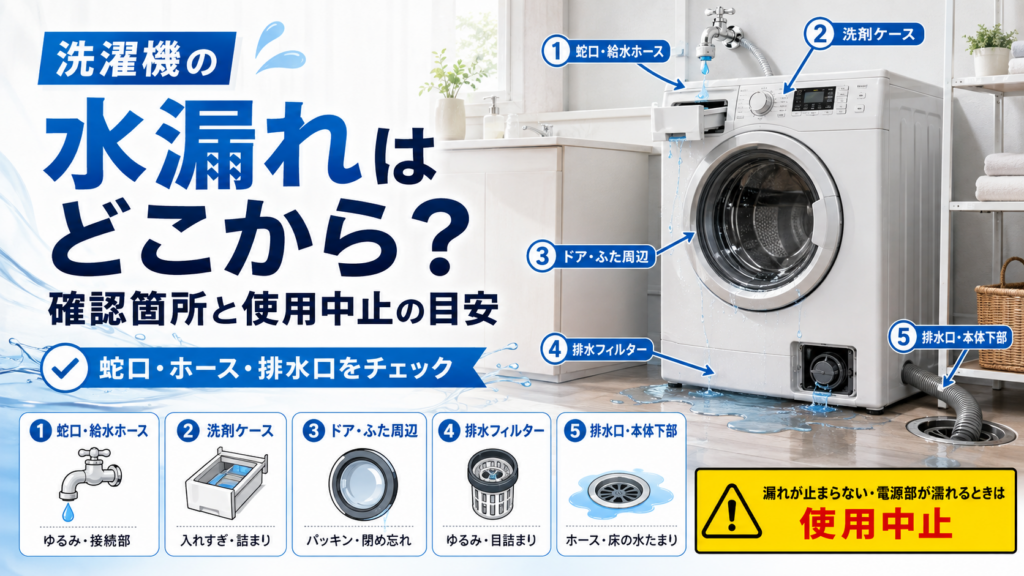 洗濯機の水漏れ箇所として、蛇口・給水ホース・洗剤ケース・ドア周辺・排水フィルター・排水口・本体下部の確認位置と使用中止の目安を案内する図解