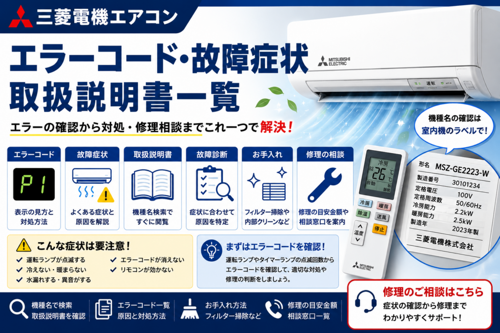 三菱電機エアコンのエラーコード・故障症状・取扱説明書・故障診断・お手入れ・修理相談を、機種名ラベルやランプ点滅の確認とともに案内する図解