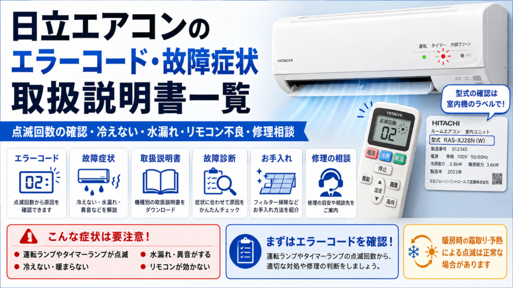 日立エアコンのエラーコード・故障症状・取扱説明書・故障診断・お手入れ・修理相談を、タイマーランプの点滅回数や型式確認、霜取り運転の注意とともに案内する図解