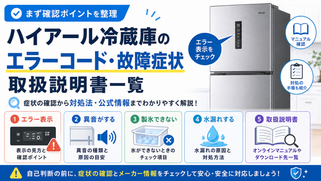 ハイアール冷蔵庫のエラーコード・故障症状・取扱説明書の確認方法と、異音・製氷できない・水漏れなどの症状別チェック、対処手順を案内する図解