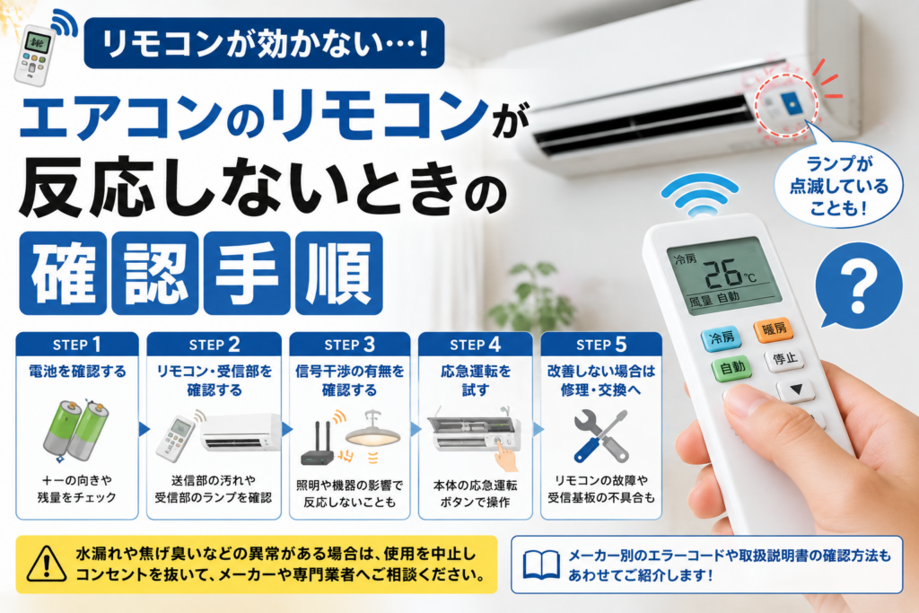 エアコンのリモコンが反応しないときに、電池・送受信部・信号干渉・応急運転・修理判断を順番に確認する手順を示した図解
