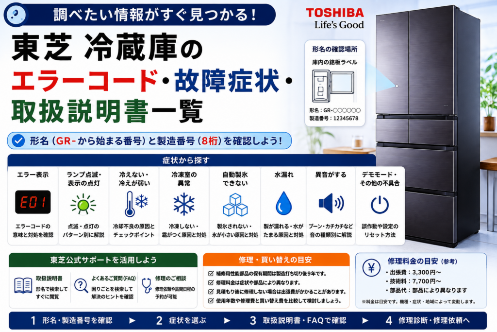 東芝冷蔵庫のエラー表示、ランプ点滅、冷却不良、冷凍室の異常、自動製氷、水漏れ、異音、デモモードと、形名・製造番号の確認から取扱説明書・FAQ・修理相談へ進む流れをまとめた図解