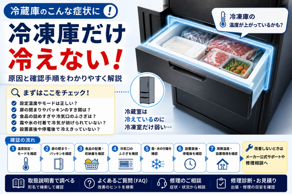 冷凍庫だけ冷えないときに、温度設定、扉・パッキン、食品の収納量、冷気口、霜、設置直後・停電後、周囲温度を順番に確認する手順を示した図解