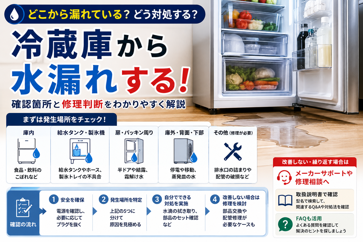 冷蔵庫から水漏れしたときに、庫内、給水タンク・製氷機、扉・パッキン周辺、庫外・背面・下部を確認し、安全確保から修理判断まで進む手順を示した図解