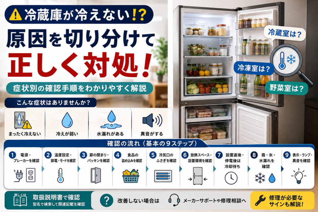 冷蔵庫が冷えないときに、冷蔵室・冷凍室・野菜室の状態を切り分け、電源、温度設定、扉・パッキン、食品の詰め込み、冷気口、放熱スペース、設置直後・停電後、霜・水漏れ、表示・異音を順番に確認する手順を示した図解