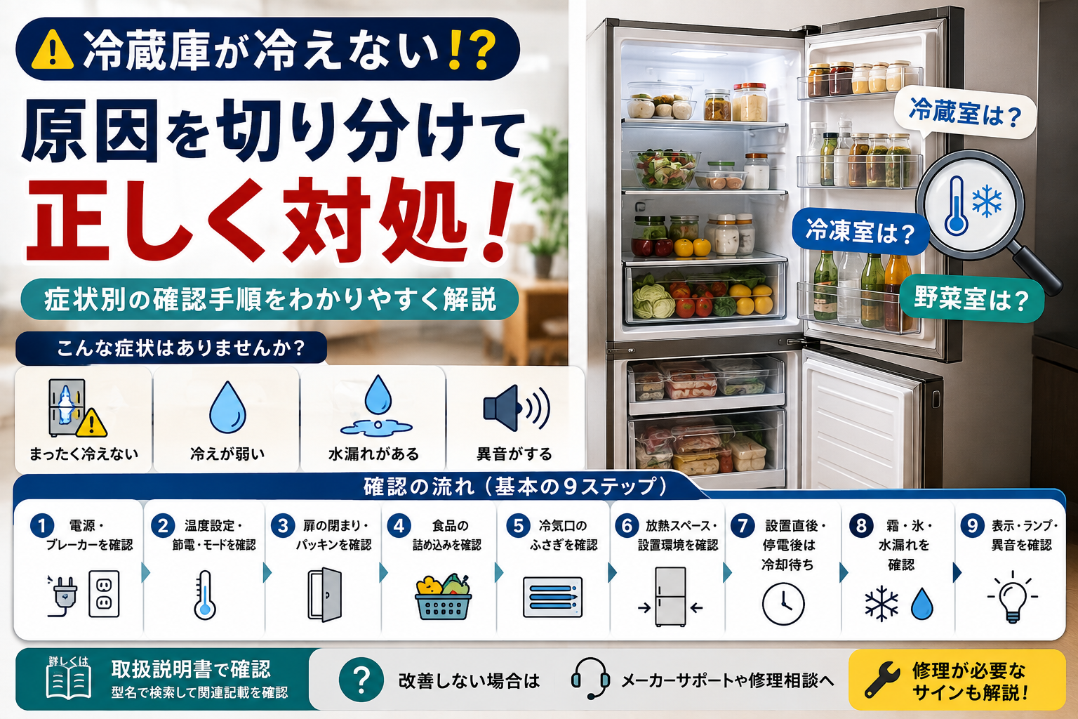 冷蔵庫が冷えないときに、冷蔵室・冷凍室・野菜室の状態を切り分け、電源、温度設定、扉・パッキン、食品の詰め込み、冷気口、放熱スペース、設置直後・停電後、霜・水漏れ、表示・異音を順番に確認する手順を示した図解