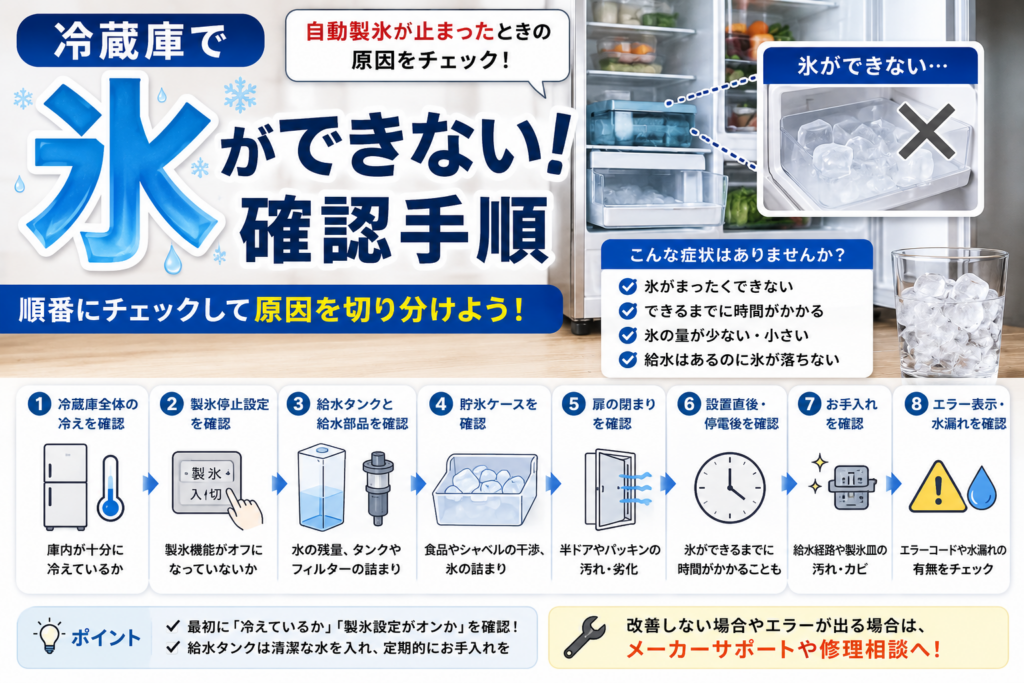 冷蔵庫で氷ができないときに、冷え具合、製氷設定、給水タンク・給水部品、貯氷ケース、扉・パッキン、設置直後・停電後、お手入れ、エラー表示・水漏れを順番に確認する手順を示した図解