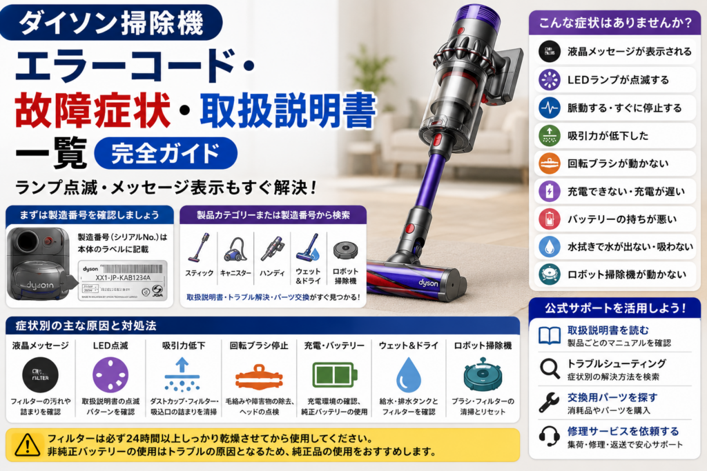 ダイソン掃除機の液晶メッセージ、LED点滅、脈動・停止、吸引力低下、回転ブラシ停止、充電不良、バッテリー劣化、水拭き・ロボット掃除機の不具合と、製造番号確認から取扱説明書・公式診断・交換パーツ・修理サービスへ進む流れをまとめた図解