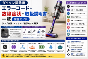 ダイソン掃除機の液晶メッセージ、LED点滅、脈動・停止、吸引力低下、回転ブラシ停止、充電不良、バッテリー劣化、水拭き・ロボット掃除機の不具合と、製造番号確認から取扱説明書・公式診断・交換パーツ・修理サービスへ進む流れをまとめた図解