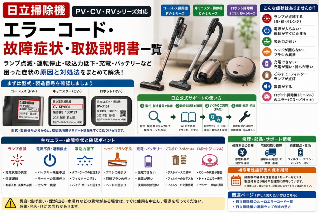 日立掃除機のPV・CV・RVシリーズについて、型式・製造番号の確認方法と、ランプ点滅、電源不良、吸引力低下、ヘッド・ブラシ異常、充電・バッテリー、フィルター表示、異音、ロボット掃除機のエラーから公式サポート・修理判断へ進む流れをまとめた図解
