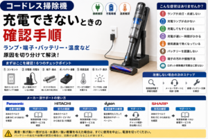 コードレス掃除機が充電できないときに、コンセント、充電器・充電台、端子、バッテリー装着、周囲温度、ランプ表示を確認し、メーカー別サポートや修理・バッテリー交換へ進む流れをまとめた図解