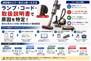 掃除機の液晶メッセージ、ランプ点滅、ブザー・音声、ロボット掃除機のコード表示について、表示の記録、型式・製造番号の確認、公式取扱説明書での調査、安全な対処、修理判断までの流れをまとめた図解