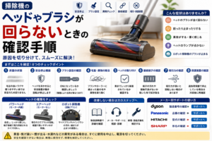 掃除機のヘッドやブラシが回らないときに、床面、安全停止機能、ブラシ設定、毛髪・異物、ヘッドの取り付け、接続端子、吸引力、保護装置を確認し、メーカー別サポートや修理・部品交換へ進む流れをまとめた図解