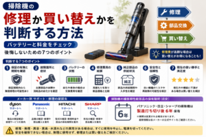 掃除機の修理・部品交換・買い替えを判断するために、保証、故障箇所、バッテリー状態、修理費、純正部品の供給、安全性、現在の使い勝手を比較し、メーカー別サポートや補修部品の保有期間を確認する流れをまとめた図解