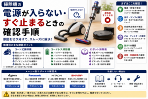掃除機の電源が入らない・すぐ止まる症状について、コード式・コードレス・ロボット掃除機ごとに、電源・充電、表示ランプ、安全停止機能、ごみ・フィルター、詰まり、温度・保護装置を確認し、メーカーサポートや修理・部品交換へ進む流れをまとめた図解