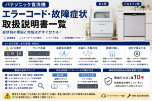 パナソニック食洗機の卓上型とビルトイン型について、品番確認、U・H表示、ランプ点滅、給排水異常、水漏れ・大量の泡、乾燥不良、途中停止の原因と対処、取扱説明書の調べ方、修理判断までをまとめた図解