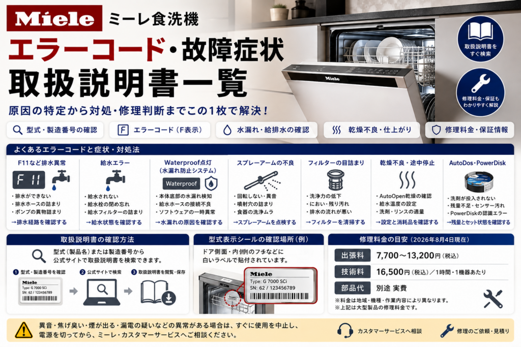ミーレ食洗機のエラーコード・故障症状について、型式・製造番号の確認、F11などの排水異常、給水エラー、Waterproof表示、水漏れ、スプレーアーム、フィルター、乾燥不良、AutoDos・PowerDisk、取扱説明書検索、修理料金・保証の確認方法をまとめた図解