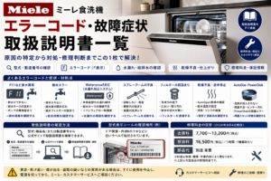 ミーレ食洗機のエラーコード・故障症状について、型式・製造番号の確認、F11などの排水異常、給水エラー、Waterproof表示、水漏れ、スプレーアーム、フィルター、乾燥不良、AutoDos・PowerDisk、取扱説明書検索、修理料金・保証の確認方法をまとめた図解