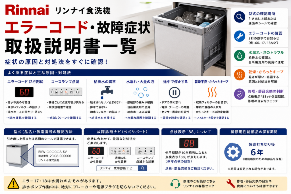 リンナイ食洗機のエラーコード・故障症状について、型式・製造番号、2桁エラー、コースランプ点滅、給排水異常、水漏れ・大量の泡、途中停止、乾燥不良・からっとキープ、点検表示「88」、取扱説明書・故障診断・修理判断までをまとめた図解