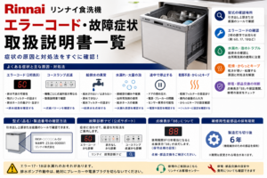 リンナイ食洗機のエラーコード・故障症状について、型式・製造番号、2桁エラー、コースランプ点滅、給排水異常、水漏れ・大量の泡、途中停止、乾燥不良・からっとキープ、点検表示「88」、取扱説明書・故障診断・修理判断までをまとめた図解
