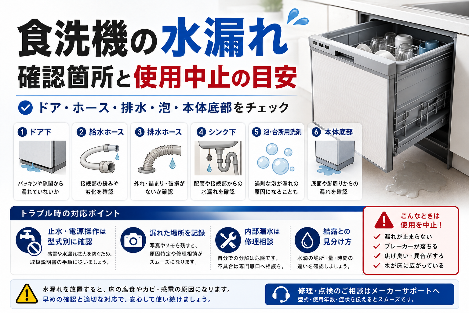 食洗機の水漏れについて、ドア下、給水ホース、排水ホース、シンク下、泡・台所用洗剤、本体底部の確認箇所と、止水・電源操作、内部漏水時の修理判断、使用を中止すべき症状をまとめた図解