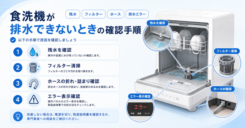 食洗機が排水できないときに、残水・フィルター・排水ホース・エラー表示の確認手順を案内する図解