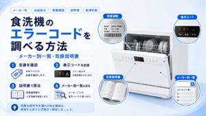 食洗機のエラーコードを調べるために、型番・表示コード・取扱説明書・メーカー別一覧の確認手順を案内する図解