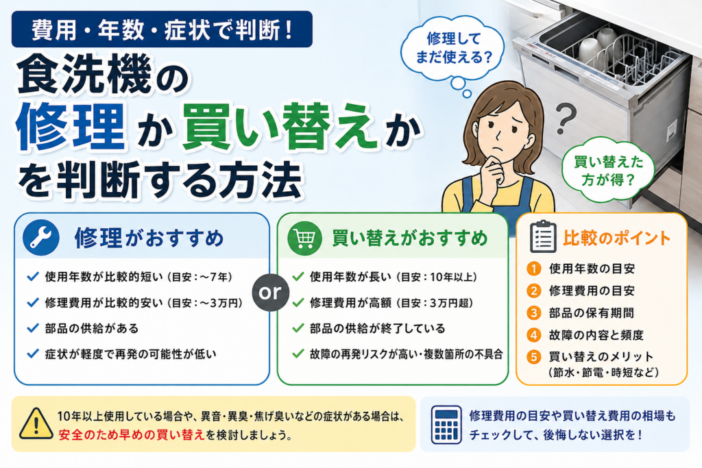 食洗機の修理か買い替えかを、使用年数・修理費用・部品供給・故障症状の比較ポイントで判断する方法を案内する図解