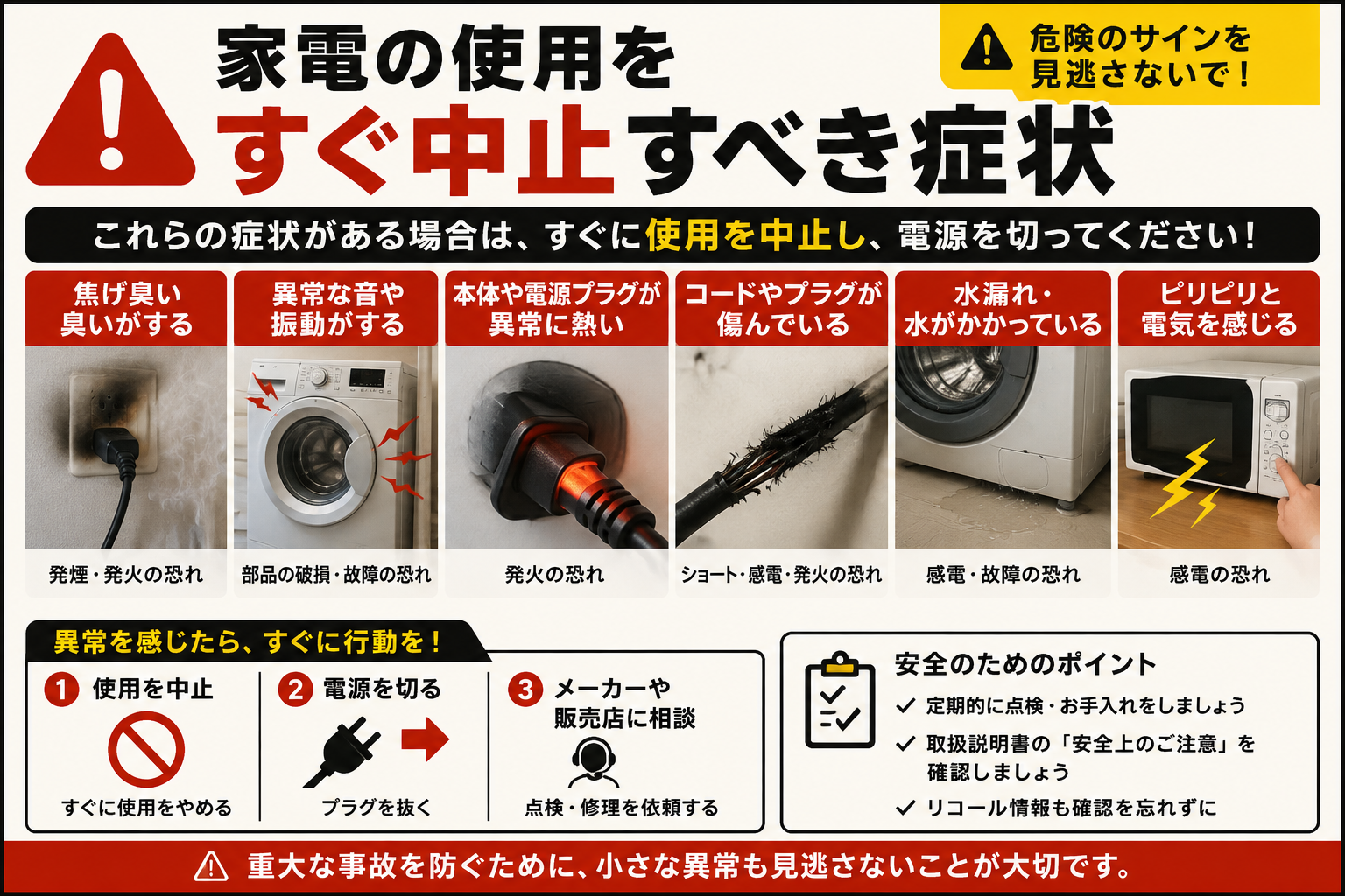 家電の使用をすぐ中止すべき症状として、焦げ臭・異常音・異常発熱・コード損傷・水漏れ・感電の危険サインと対処手順を案内する図解