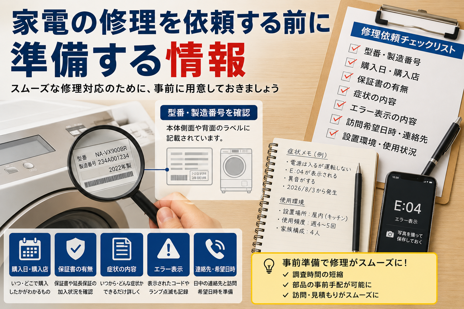 家電の修理を依頼する前に、型番・製造番号・購入日・保証書・症状・エラー表示・連絡先を準備する手順を案内する図解