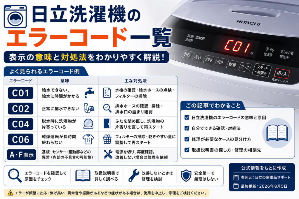 日立洗濯機のエラーコードC01・C02・C04・C06とA・F表示について、意味・確認方法・修理相談の目安を案内する図解