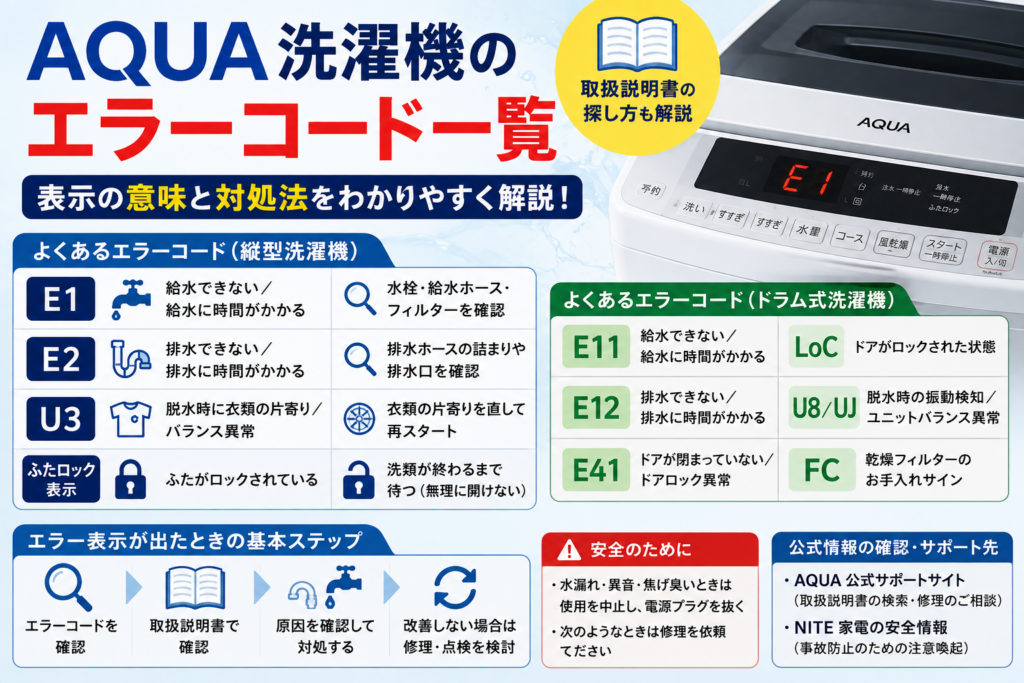 AQUA洗濯機のエラーコードE1・E2・U3、ドラム式のE11・E12・E41・LoC・FCについて、表示の意味・確認方法・修理相談の目安を案内する図解