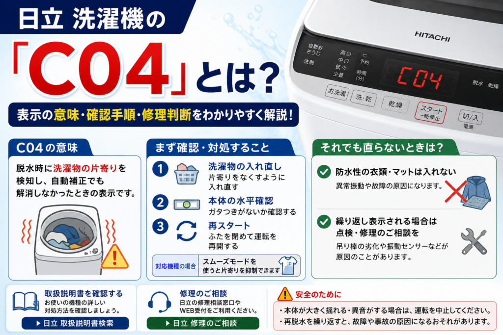 日立洗濯機のエラーコードC04について、脱水時の洗濯物の片寄りを直す手順、本体の水平確認、防水性衣類の注意点、修理相談の目安を案内する図解
