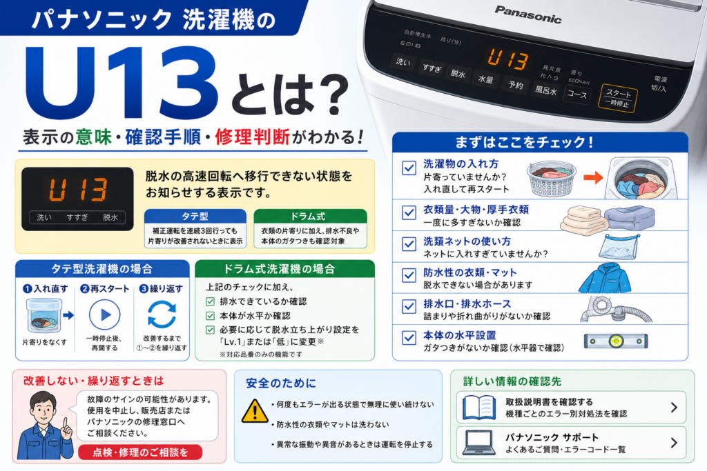 パナソニック洗濯機のエラーコードU13について、脱水時の衣類の片寄り、排水口・排水ホース、本体の水平、タテ型・ドラム式別の確認手順と修理相談の目安を案内する図解